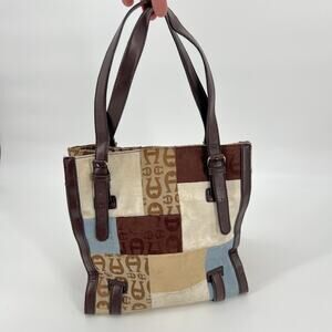 Etienne Aigner Patchwork Satchel Tote Bag Brown Leather Multicolor Logo Fabric